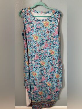 Hount Floral Maxi Dress Sleeveless Pockets Side Slit Boho Cottagecore Blue 2XL